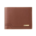 Brown leather slim wallet for men with textured finish and metal logo plaque - Horizontal / Tan