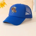 Dark blue trucker hat with street style cash graphic and breathable mesh back panel - Blue