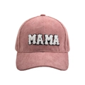 Close-up of pink corduroy baseball cap featuring plush MAMA embroidery and fabric texture - Corduroy / MAMA-Pink