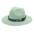 Close-up of woven straw fedora hat texture with colorful patterned ribbon and gold buckle - M (56-58cm) / Mint Green