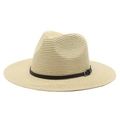 Detailed weave texture of summer straw fedora hat with black leather band and metal buckle - M (56-58cm) / Beige