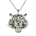 Detail of silver tiger head pendant with green gem eyes and sparkling crystals - Silver (Green Eyes Tiger Head)