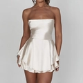 Elegant white satin strapless mini dress with ruffled skirt for a stylish Y2K look - S / Champagne