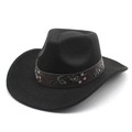 Black wool felt western cowboy hat with floral embroidery and rivet leather band - M (56-58cm) / Black