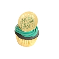 Gold acrylic round cupcake topper with green Merry Christmas text on green cream cake - Gold Merry Christmas