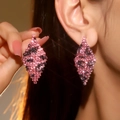 Macro detail of diamond-encrusted geometric rhombus earrings with pink leopard print pattern - Pink Black Leopard Print Rhombus Full Rhinestone Earrings