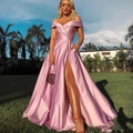 Elegante abito da sera in raso malva con spacco alto e tasche nascoste per cerimonie - Taglia US 2 (S) / Rosa Viola