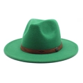 Detail of green wool fedora with brown patterned band and vintage metal badge - M (56-58cm) / Grass Green