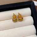 Gilded gourd earrings with multicolor enamel floral patterns and sparkling zircon accents - Enamel Painted Floral Gourd (31# Silver Needle-Gold-Real Gold Plating)