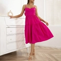 Sexy rose red backless maxi dress with thin straps and layered pleated hem for vacation - XS / Rose Red