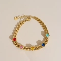 Golden Cuban chain bracelet with five colorful heart-shaped zircons and lobster clasp - Gold + Multicolor Heart (AKS959)