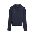 Women's dark blue ribbed knit cardigan with asymmetric lapel and diagonal zipper detail - S / Navy Blue