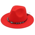 Red felt cowboy hat with ethnic beaded band and turquoise stone accents on white background - M (56-58cm) / Orange Red