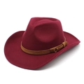Detail of burgundy wool fedora with brown leather belt and decorative gold buckle - M (56-58cm) / Burgundy