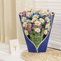 3D pop-up greeting card featuring a vibrant bouquet of daisies in a blue paper vase - Cosmos