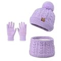 Kids lavender knit beanie, scarf, and touchscreen gloves set with faux fur pom pom - Purple