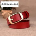Genuine leather belt for women in vibrant red with a polished gold pin buckle - Gold Buckle - Red