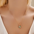 Elegant 18K gold heart pendant necklace with colorful iridescent shell inlay on model - KN0463-3-Heart Opal Pink Diamond