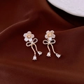 Elegant white flower earrings with crystal bow and teardrop pendants on brown silk - 56# Gold Floral Bowknot Teardrop (925 Sterling Silver Earring Post)