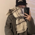 Winter mohair style thick fringe scarf in beige plaid pattern worn by a person - Off-white Tag Plaid