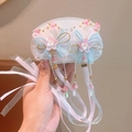 Blue and pink tulle bow hair clips with long tassels for Chinese Hanfu outfits - Flower First Dew Blue