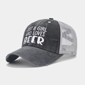 Detailed close-up of vintage trucker hat with Just A Girl Who Loves Beer embroidery - Washed Black with Grey Mesh, Beer Girl Embroidery (Color #13)