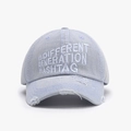 Distressed light blue denim baseball cap with white embroidery and frayed brim detail - Light Blue