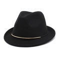 Classic black wool fedora hat with elegant gold metal buckle and wide brim design - M (56-58cm) / Black