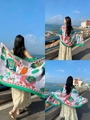 Detail of a thin travel shawl featuring elephant and palm tree prints by the beach - White Base Colorful Elephant Travel (Elephant-1)