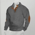 Nahaufnahme von Herren-Strickpullover mit Stehkragenknöpfen und braunen Ellbogen-Patches - S / Dunkelgrau