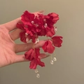 Elegant long red fabric flower drop earrings with gold chains and crystal pendants - Layered Flower Long Style (95#) / Red/Gold