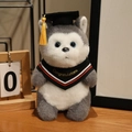 Peluche husky di laurea con tocco e toga nera su una scrivania in stile accogliente - Husky con sciarpa rossa / 20cm
