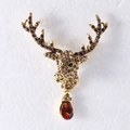 Broche tête de cerf de Noël avec strass marron et pendentif rouge sur base dorée - Pendentif Tête de Renne Doré (1731)