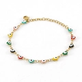 Golden stainless steel bracelet with colorful heart-shaped evil eye charms on white base - Heart Evil Eye Bracelet Mixed Colors