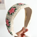 Handcrafted white knotted headband with pink and green floral embroidery detail - Pink Flower Flat Knitted Headband