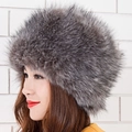 Close-up of thick faux fox fur winter hat in dark grey with warm ear protection - L (58-60cm) / Grass Grey