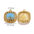 Golden square oil painting pendant with blue enamel flower and dimension markings - Hollow Flower Pendant / Blue