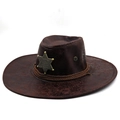 Cappello da cowboy marrone in finta pelle con distintivo da sceriffo e corda intrecciata - M(56-58cm) / caffè