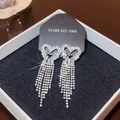 Silver heart tassel earrings with sparkling cubic zirconia on a black velvet base - E0308 Silver Needle (Heart Full Diamond Long Dangle Silver)