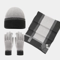 Dreiteiliges Strickset für den Winter mit grau-schwarzem Schal, Mütze und Handschuhen - Hellgrau