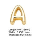 Gold 3D letter A charm for DIY bracelets with detailed size dimensions of 15x11x5mm - Letter A