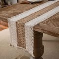Camino de mesa bohemio de rayas beige y marrón en algodón y lino con borlas - 30x120cm (incluyendo borlas) / Hilos de algodón en ambos lados