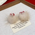 Detail of plush beige pompom earrings with red plaid heart charm on wooden tray - 15# Plaid Button Heart Plush Ball Studs