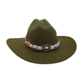 Olive green wool felt fedora hat featuring ethnic style leather band and gemstones - Army Green