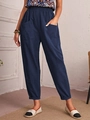 Pantalón de mujer en algodón y lino azul oscuro con cintura elástica y bolsillos - S / Azul Marino