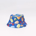Detailed close-up of blue reversible bucket hat with macaron and fruit cartoon prints - One Size / Sapphire Blue
