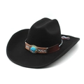 Black western cowboy wool felt hat with turquoise ethnic band and stylish fringe - M(56-59CM) / Black