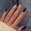 Short almond press-on nails with French leopard print and dark brown glossy finish - Brown Leopard French Style (JP4182)
