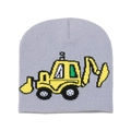 Close-up of gray knit beanie featuring a yellow excavator jacquard pattern for kids - M (52-54cm) / Gray