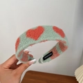 French vintage knit headband in light green mohair with red heart pattern and label - Cashmere Knit / Mint Green Heart